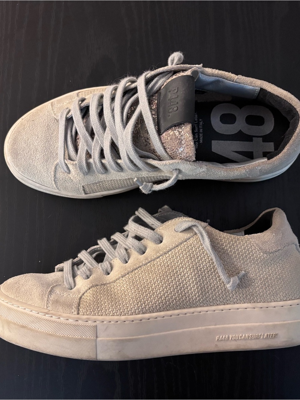 P448 Thea Platform Suede Sneakers silver gold metallic details!